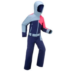 WEDZE KIDS’ WARM AND WATERPROOF SKI SUIT 500 PINK AND BLUE